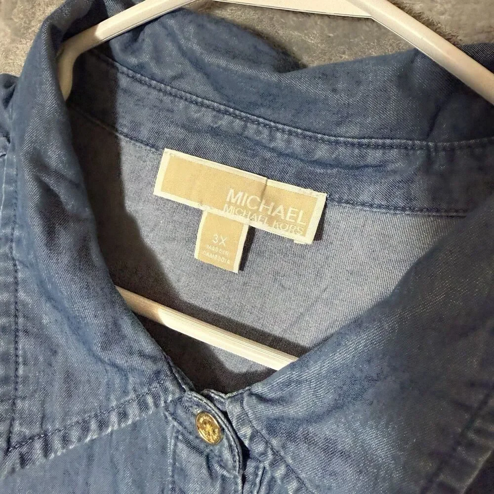 Michael Kors 3X Women Denim Chambray Gold Button Shirt Roll Tab Long Sleeve Blue